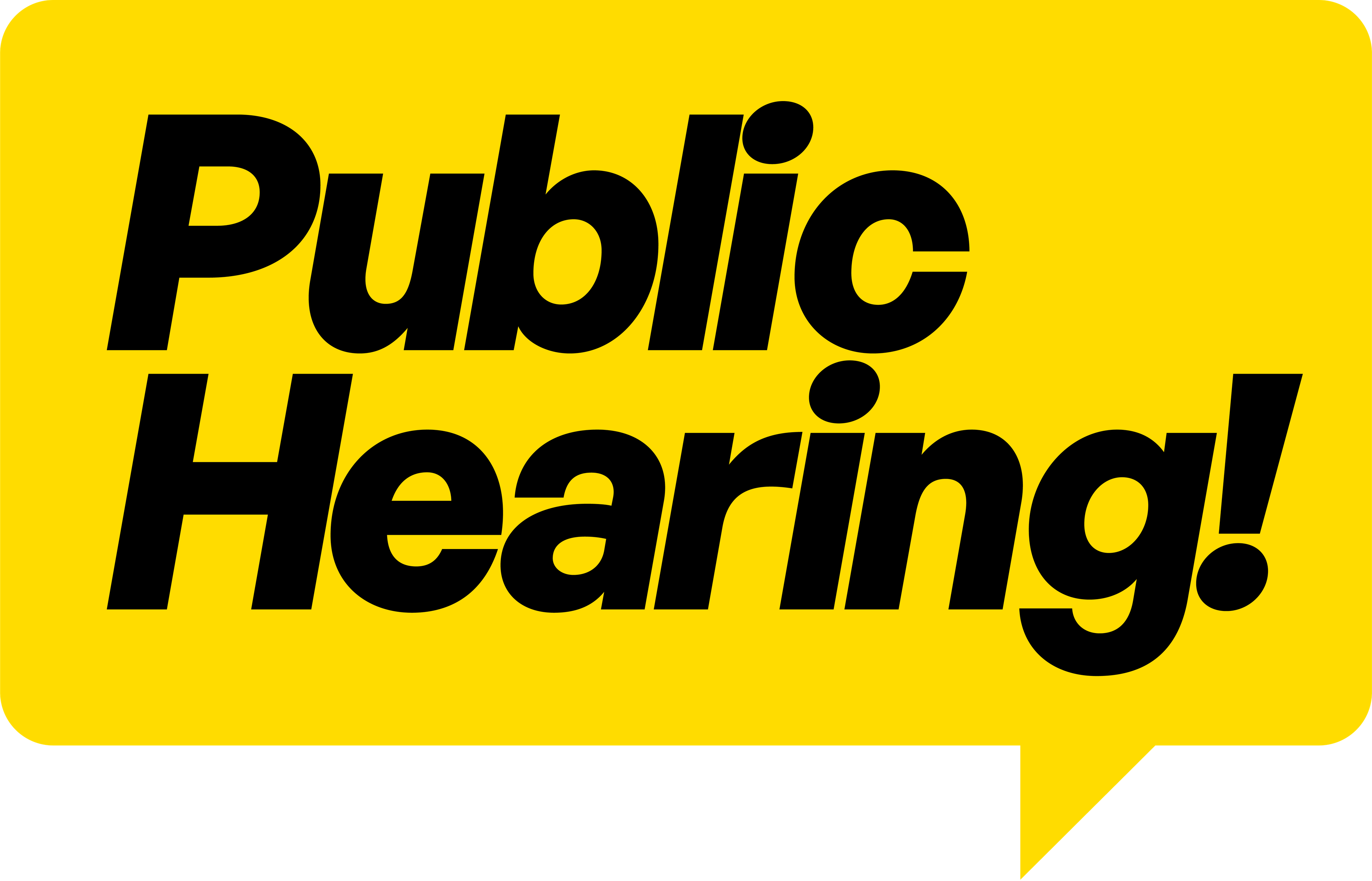 "Public Hearing" Black Text on Yellow Speech Bubble
